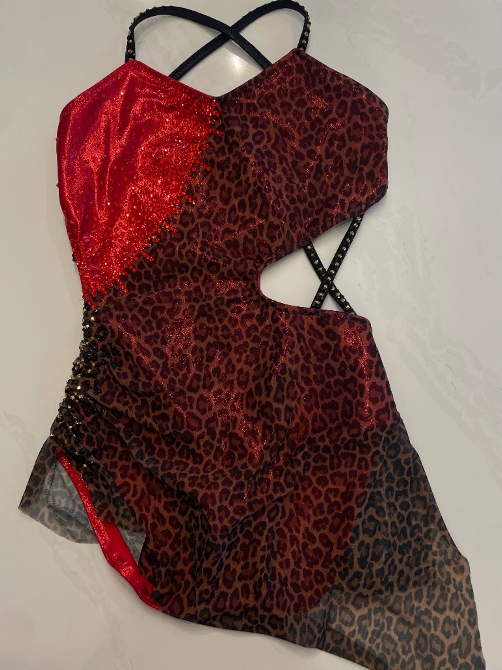Custom adult small red and leopard jazz costume